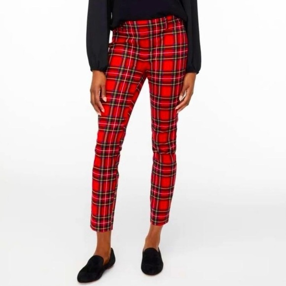 J. Crew Winnie Pants Tartan Plaid Red Ankle Crop Size 8 Side Zip Stretch - Picture 1 of 8